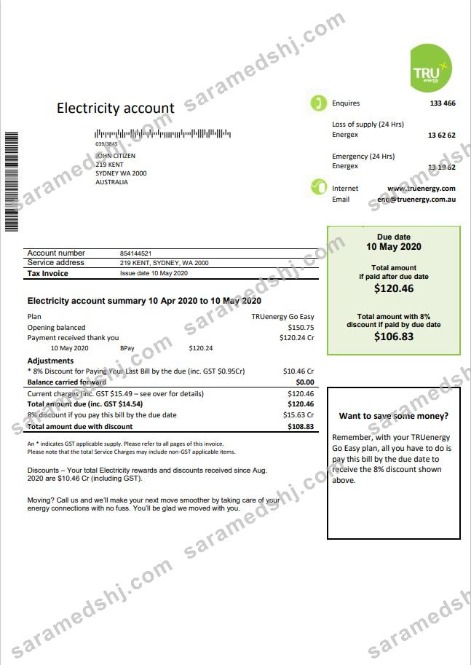 Australia Tru Energy electricity utility bill template in Word and PDF format